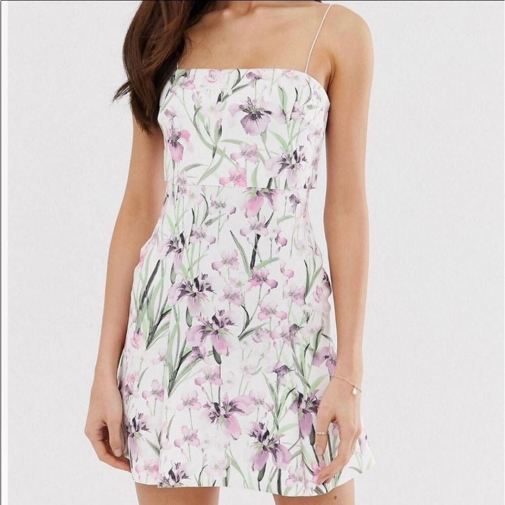 ASOS White Floral Mini Dress with Pink & Green Print